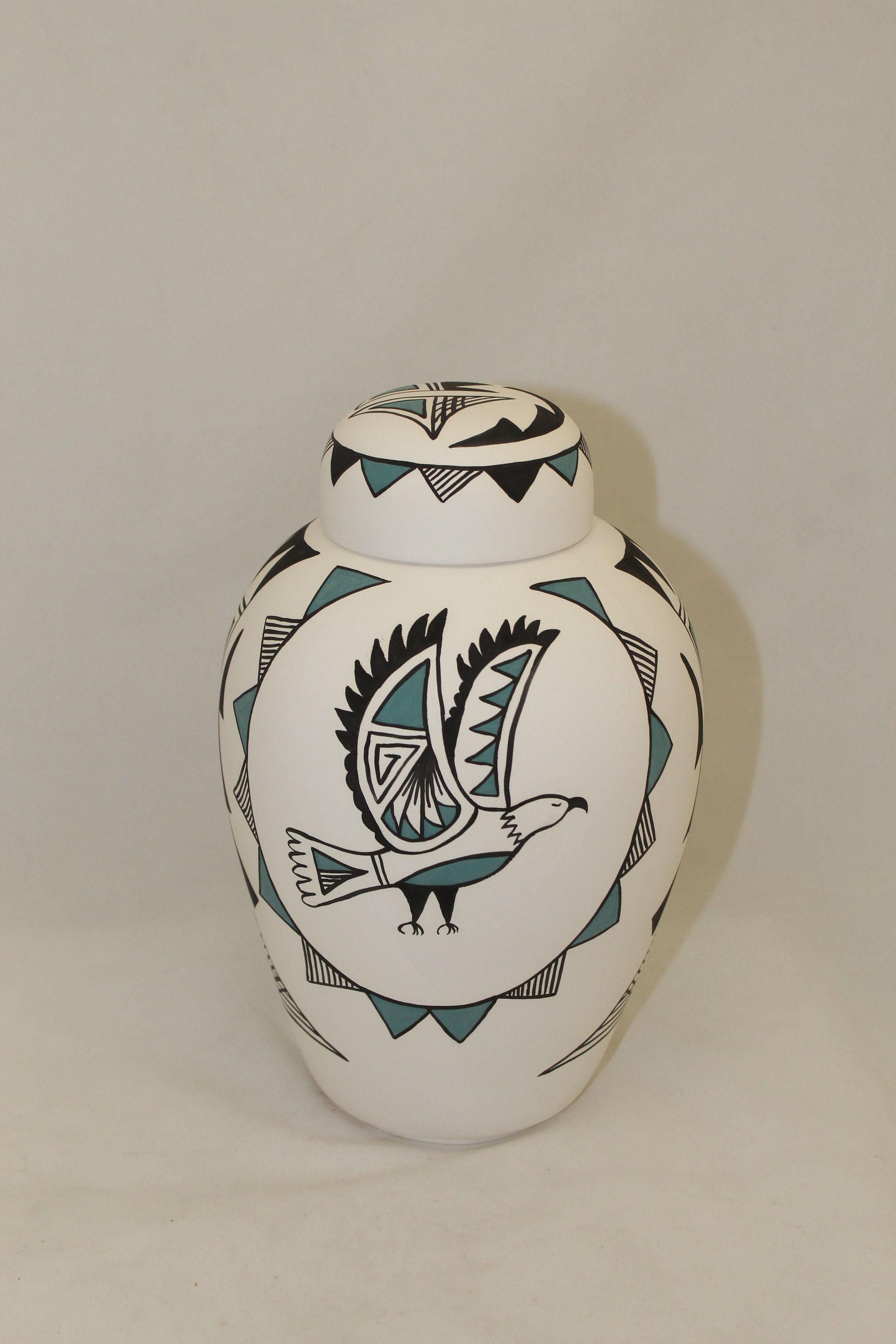 Native American Eagle Urn Ceramic Jar with Lid, Adult Cremation Urn
