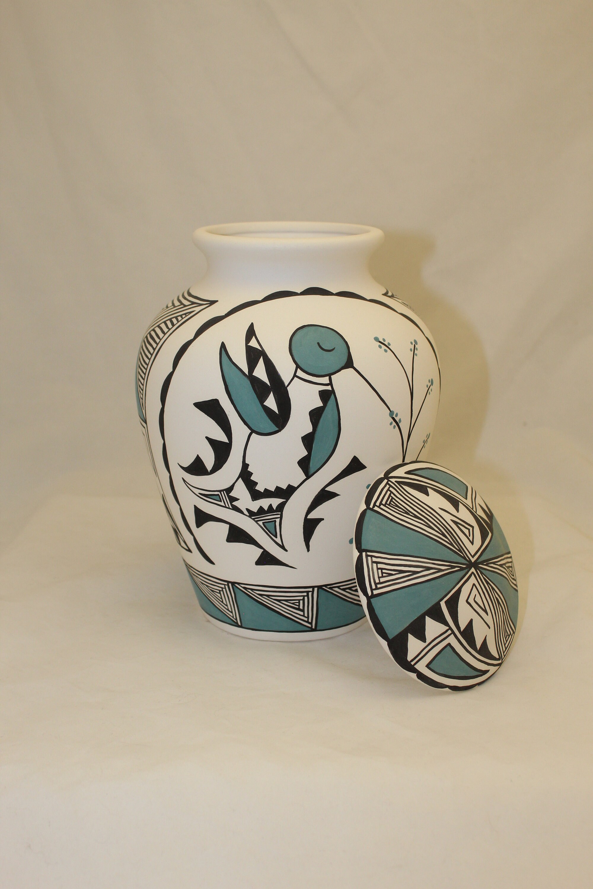 Native American Ceramic Jar with Lid, Adult Cremation Urn, Hand Painted