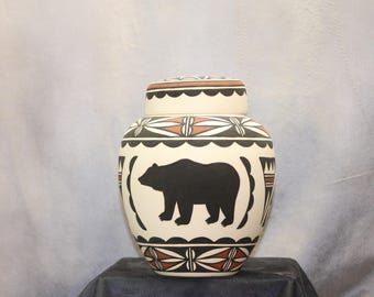 Bear Design American Hand Painted Ceramic Jar with Lid, Adult Cremation Urn for Human Ashes Urn, Art Pottery, Handmade Urn