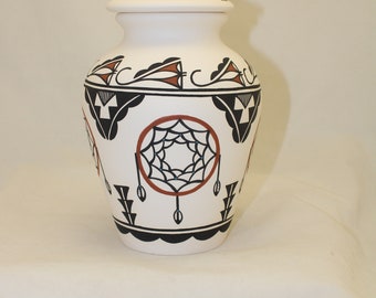 Dream Catcher Native American Hand Painted Large Cremation Urn, Native American Art Pottery Adult Handmade Ashes Urn