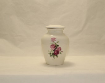 Handmade Ceramic Cremation Urn with Pink Roses, Keepsake Urn