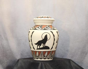 Native American Adult Cremation Urn, Hand painted wolf design art pottery
