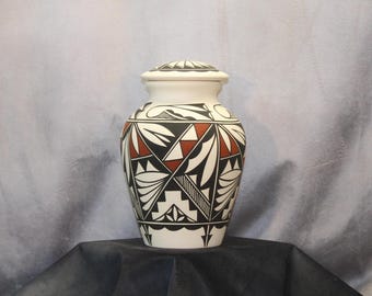 Native American Hand Painted Large Cremation Urn, Native American Art Pottery Adult Handmade Ashes Urn