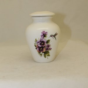 Purple Pansy and Hummingbird ceramic jar with lid cremation urn, Keepsake, baby, or infant urn. Handmade small Pet Urn