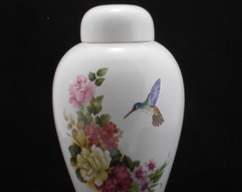 Roses with Hummingbird Adult Cremation Urn, Ceramic Jar with Lid, Large Urn for Human Ashes, large jar, art pottery, handmade