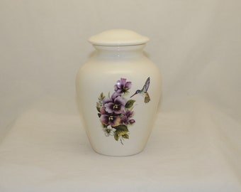 Handmade Purple Pansy Hummingbird Ceramic Urn with Lid - Child / Pet