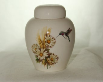 Tiny Cremation Urn with Daisy and Hummingbird, Jar with lid, Baby or Infant Urn, Cat or Small Pet Urn, art pottery, handmade