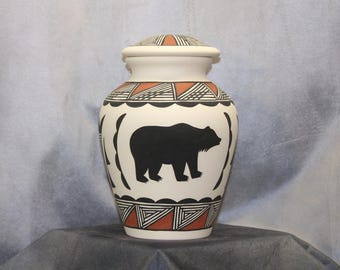 Bear Design Native American Adult Cremation Urn, Hand painted large Jar with lid Native American Art Pottery, Handmade Ashes Urn