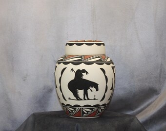 Hand Painted Native American Cremation Urn, End of the Trail Art Pottery