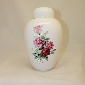 Adult Cremation Urn with Pink Roses, Urns for Human Ashes, Large Ceramic Jar with Lid, Large Ginger Jar, Urns, Art Pottery, Handmade Urn