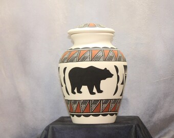 Bear Design Native American Adult Cremation Urn, Hand painted large Jar with lid Native American Art Pottery, Handmade Ashes Urn