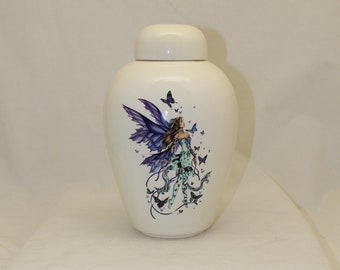 Fairy with Butterflies Adult Cremation Urn, Large Handmade Ceramic Jar