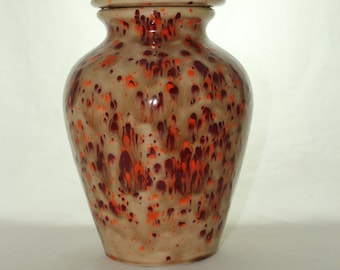 Handmade Ceramic Cremation Urn with Lid, Beige Orange Maroon Crystals