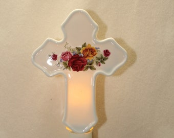 Floral Porcelain Cross Night Light, Memorial Gift