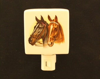 Brown and black horses Porcelain Night Light, Remembrance Memorial Nightlight. Wall plug in Nightlight