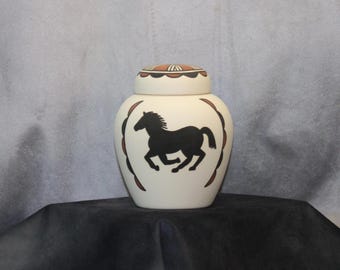 Native American Hand Painted Ceramic Cremation Urn for Ashes, Horse Design art pottery handmade urn