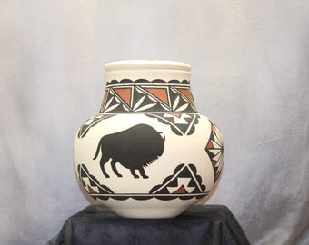 Native American buffalo design adult cremation urn for human ashes, Hand painted art pottery memorial urn