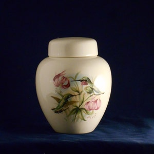 Hummingbird with Pink Lily Cremation Urn, Large Ceramic Ginger Jar with Lid, Urn for Human Ashes