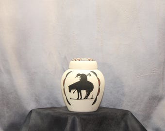 End of the Trail Design Small Jar with Lid art pottery handmade cremation urn