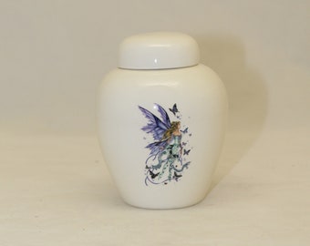 Tiny Cremation Urn with Purple Fairy and Butterfly, Jar with lid, Baby or Infant Urn, Cat Urn Small Pet Urn, art pottery, handmade