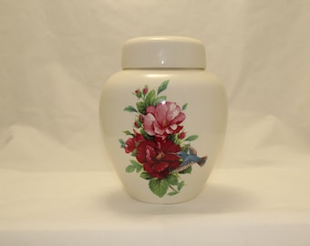 Pink & Burgandy Hibiscus with Hummingbird Adult Cremation Urn, Large Ceramic Jar with lid, art pottery, handmade