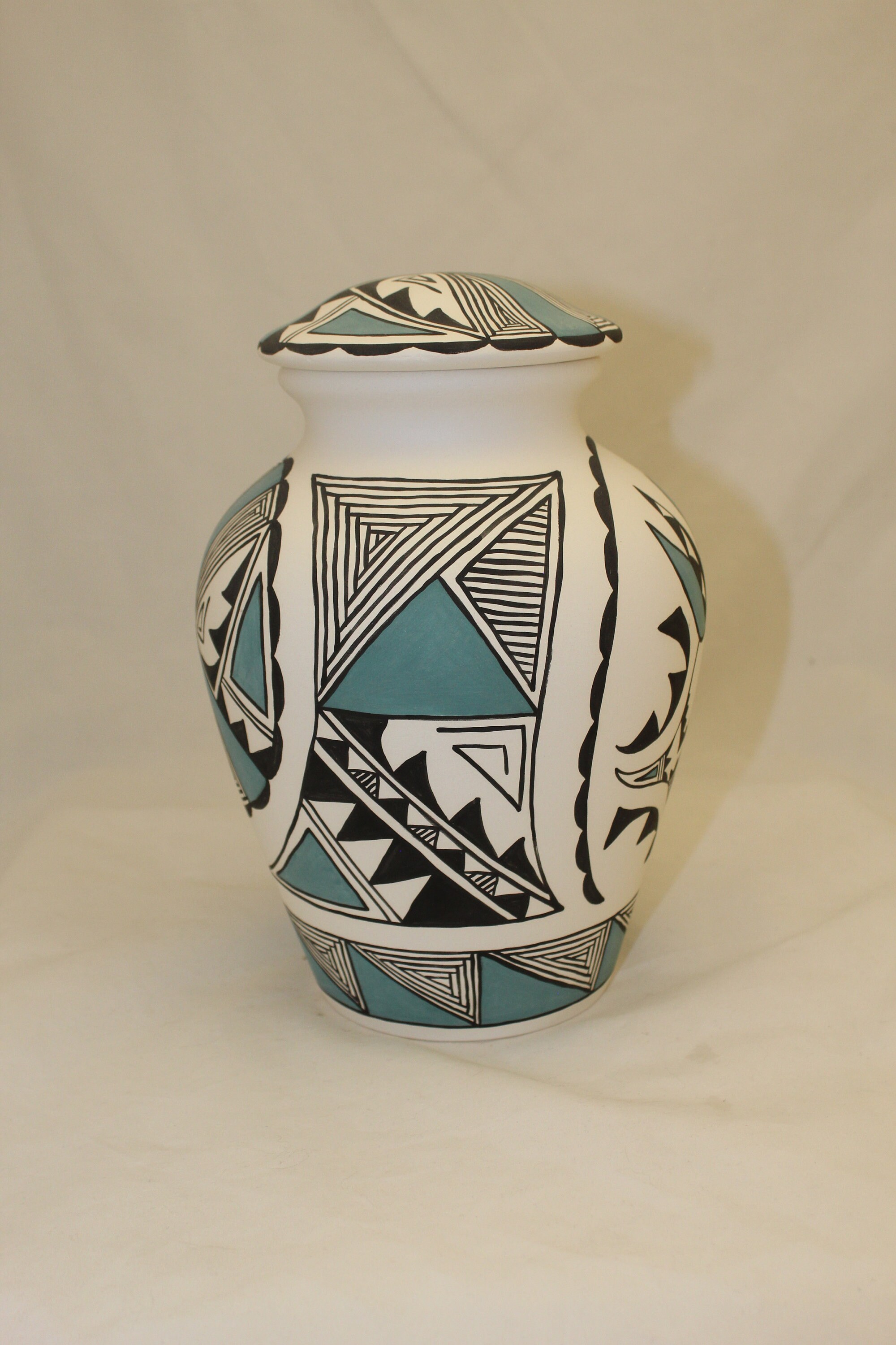 Native American Ceramic Jar with Lid, Adult Cremation Urn, Hand Painted