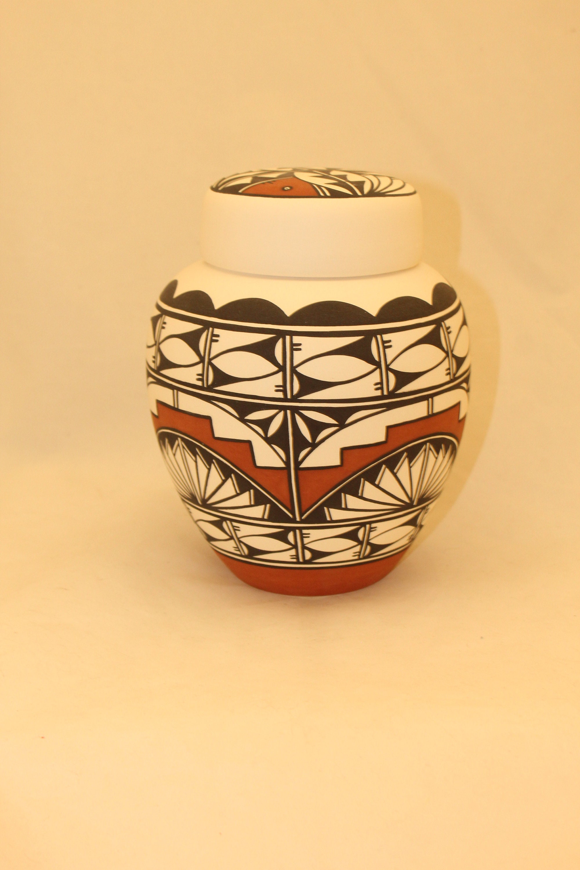 Native American Hand Painted Ceramic Jar with Lid, Adult Cremation Urn