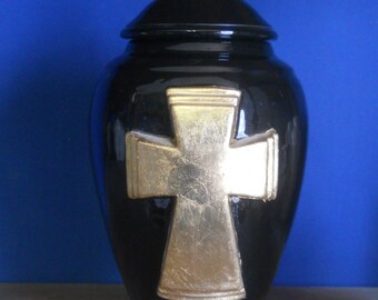 Gloss Black Cremation Urn with Gold Leaf Cross ,Adult Urn,Jar with Lid,Ashes Urn, Jar with lid,large urn, large jar, art pottery, handmade