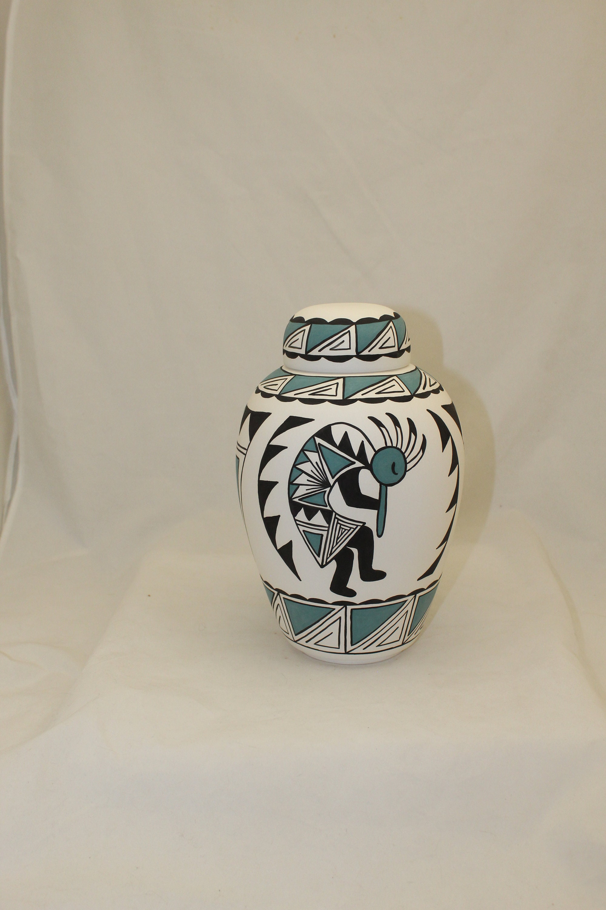 Native American Kokopelli Urn Ceramic Jar with Lid, Adult Cremation Urn