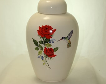 Red Rose Hummingbird Cremation Urn: Large Handmade Ceramic Art Pottery