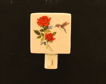 Hummingbird and Red Roses Memorial Nightlight, Porcelain Remembrance Night Light, Wall Plug in Light