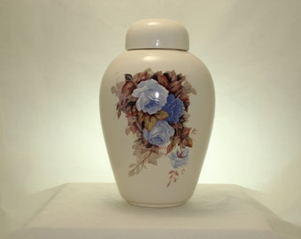 Blue Roses Cremation Urn, Large Ceramic Ginger Jar for Ashes