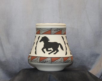 Horse design Native American Adult Cremation Urn for Human Ashes, art pottery, handmade funeral urn