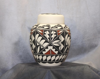 Native American Hand Painted Ceramic Jar with Lid, Adult Cremation Urn for Human Ashes Urn, Art Pottery, Handmade Urn