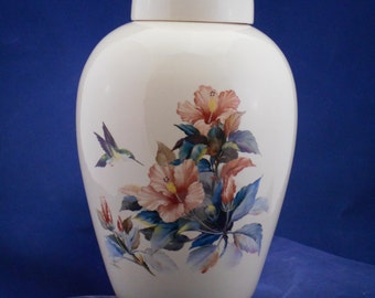 Hummingbird with Hibiscus  Adult Cremation Urn, Large ceramic Jar with lid for ashes, art pottery funeral urn, handmade