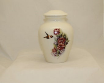 Hummingbird and Orange Poppy Large Cremation Urn, Adult Human Ashes Urn, Large Jar with Lid, art pottery, handmade