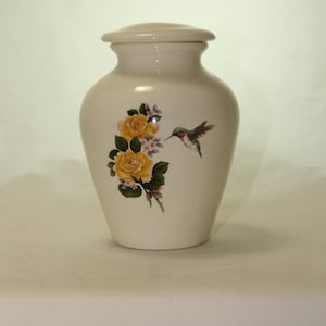 Yellow Roses with Hummingbird Ceramic Jar with Lid, Baby Cremation Urn, Keepsake Urn, Infant Urn. Handmade small Pet Urn