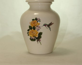 Yellow Roses with Hummingbird Ceramic Jar with Lid, Baby Cremation Urn, Keepsake Urn, Infant Urn. Handmade small Pet Urn
