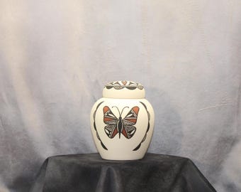 Butterfly Native American Cremation Urn for Ashes, Hand painted design small container with lid for a sharing urn.