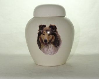 ROUGH COLLIE-SABLE  Cremation Urn, Ceramic Jar with Lid, Pet or Dog Small Urn for Ashes, Keepsake Urn, Art Pottery, handmade