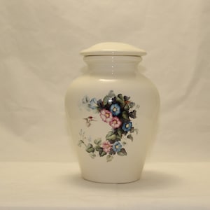 Ceramic Jar with Lid, Cremation Urn, Hummingbird with pink & blue morning glories, Pet Urn, Small urn, Small jar, art pottery, handmade urn