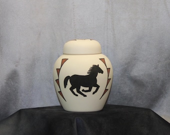 Horse design Native American Cremation Urn for Ashes, Hand Painted art pottery