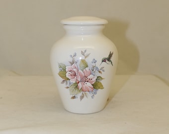 Handmade Ceramic Cremation Urn: Pink Flowers, Hummingbird Keepsake