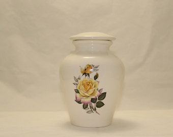 Yellow Peace Rose Ceramic Jar with Lid Small Cremation Urn, Keepsake Urn, Small Baby or Infant Urn, Small Pet Urn, Art Pottery, Handmade Urn