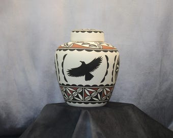 Native American Extra-Large Urn for Human Ashes with an eagle design, Hand Made Pottery Funeral Urn