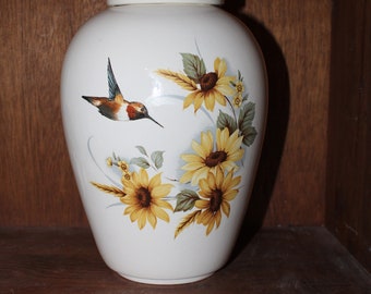 Sunflower and hummingbird adult cremation urn, Large ginger jar with lid for human ashes