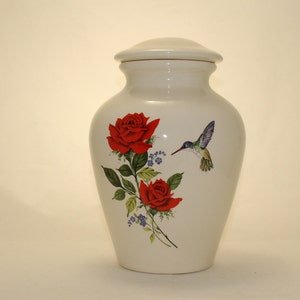 Red Roses with Forget Me Nots and Hummingbird Ceramic Jar with Lid, Large Cremation Urn, Funeral Urn, art pottery, handmade Urn