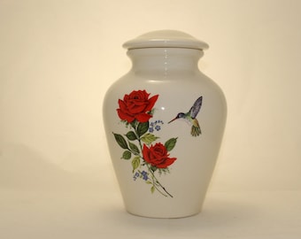 Red Roses with Forget Me Nots and Hummingbird Ceramic Jar with Lid, Large Cremation Urn, Funeral Urn, art pottery, handmade Urn