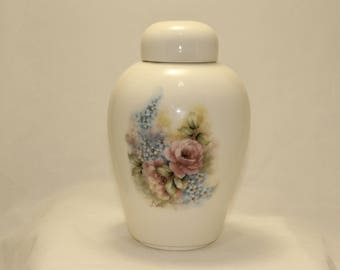 Pink Roses and Forget Me Nots Adult Urn, Ceramic Jar with Lid, Urn for Ashes, large urn, large jar, art pottery, handmade