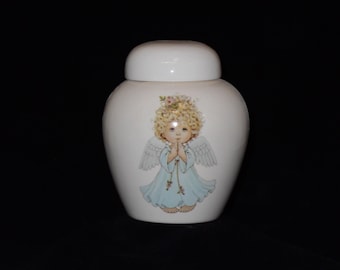 Small White Angel Cremation Urn, Handmade Ceramic Pottery Jar
